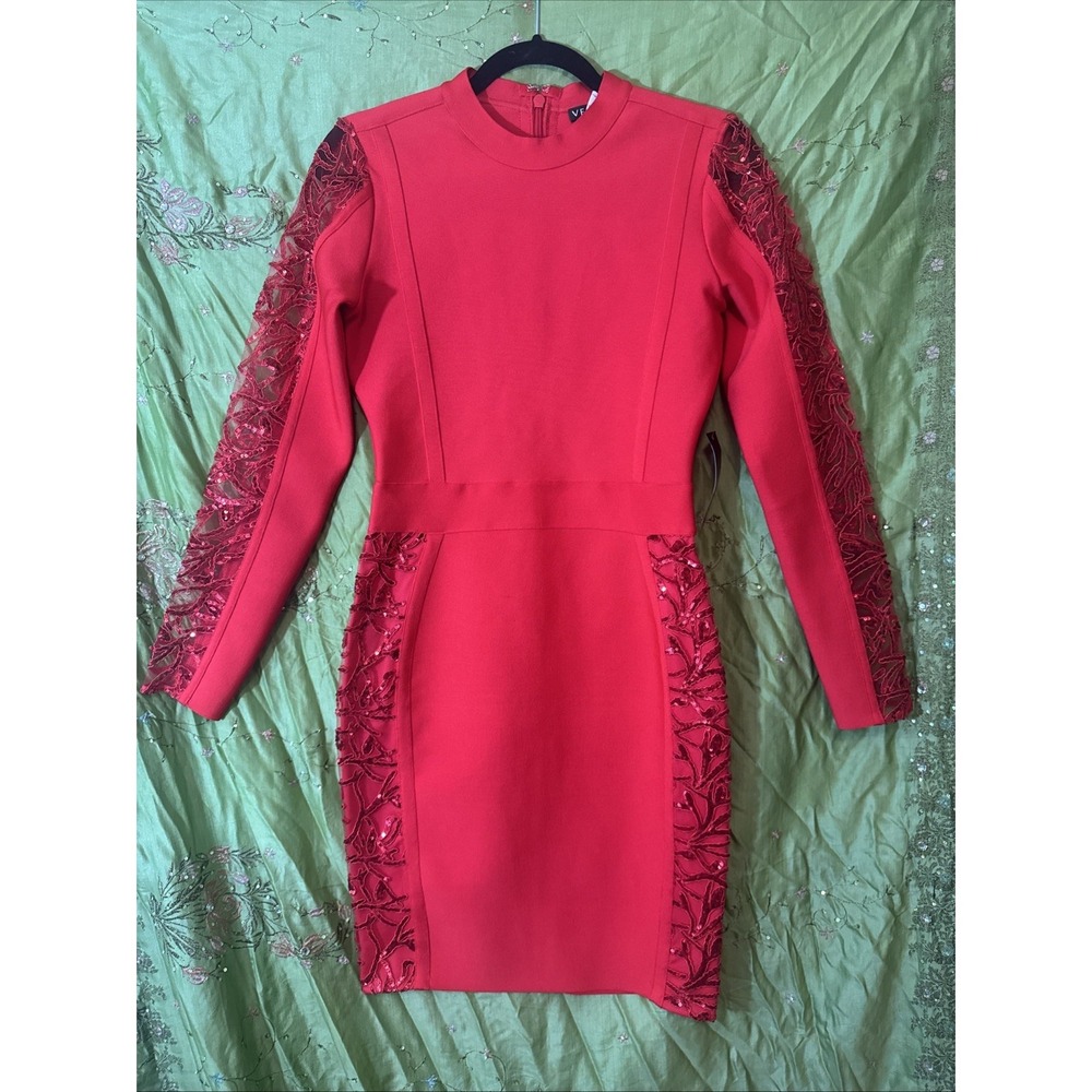 Red‎ Bodycon Dress Sheer Long Sleeves Lace Sequins Sexy Size 8 NEW W/Tags